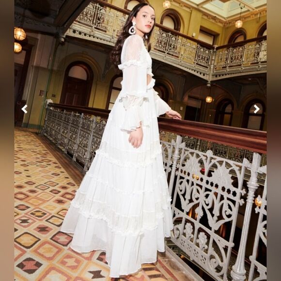 PatBo White Cutout Lace-Trim Linen V-Neck Maxi Dress – Women’s Designer Dress - Picture 3 of 16